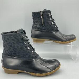 NEW Sperry Women’s Saltwater Cheetah Duck Boots Black Size 7.5
